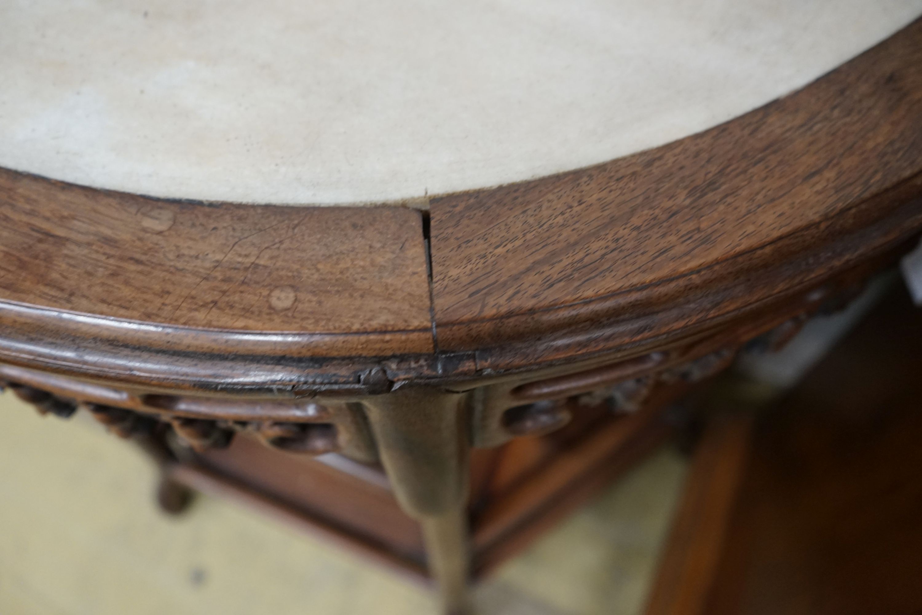 A pair of Chinese marble-topped demi lune console tables, width 82cm, depth 40cm, height 80cm